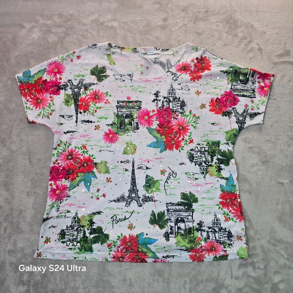 Cathy Daniels Women Medium White Paris Graphic Sequin Stretch Crewneck Shirt Top